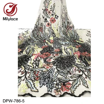 

Milylace new African lace fabric 5 yards vivid floral embroidery tulle lace fabric with beads and stones for lady dress DPW-786