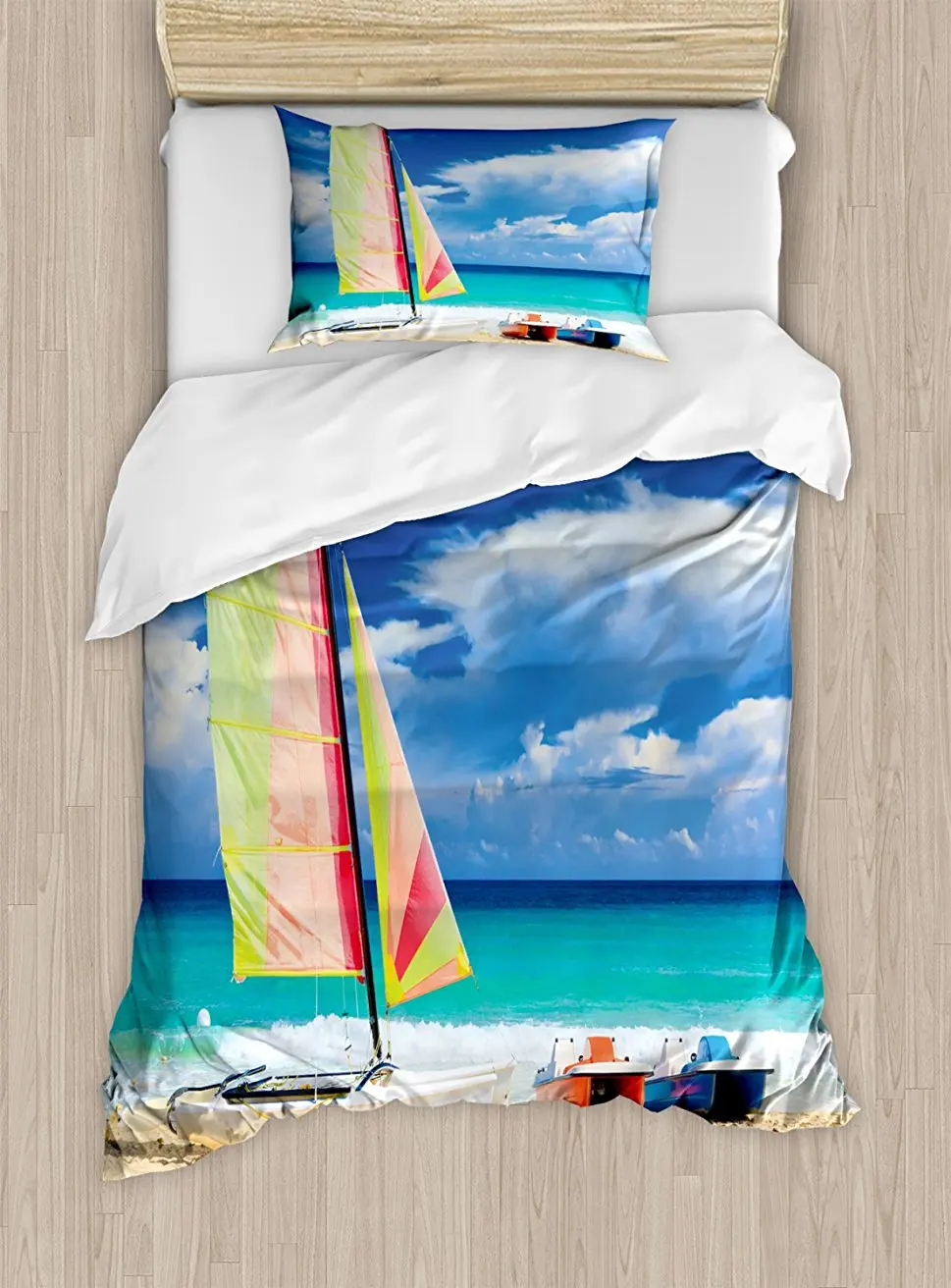Holiday Duvet Cover Set Exotic Cuban Beach With Wind Surfing Boat