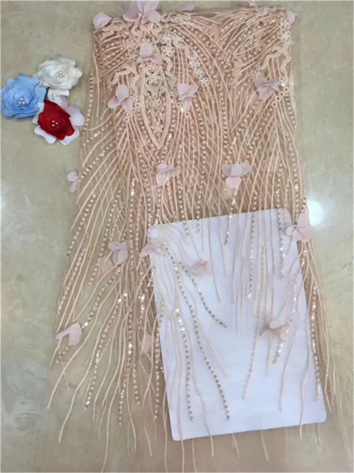 

peach 3 d flowers sequin lace fabric fringe material african french net lace tulle fabric high quality evening dresses5yard/lot(