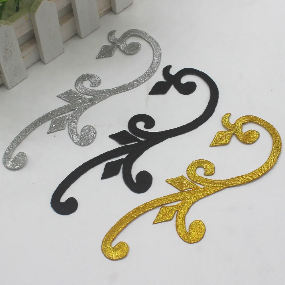 

3 Pair/Lot Gold Embroidered Lace Appliqued Cosplay Costume Patches Gold And Silver Flower Iron on Venise Trims 17cm*6cm