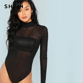

SHEIN Skinny Sexy Sheer Mesh Long Sleeve Rhinestone Bodysuit Black Mid Waist High Neck Autumn Casual Bodysuit for Women