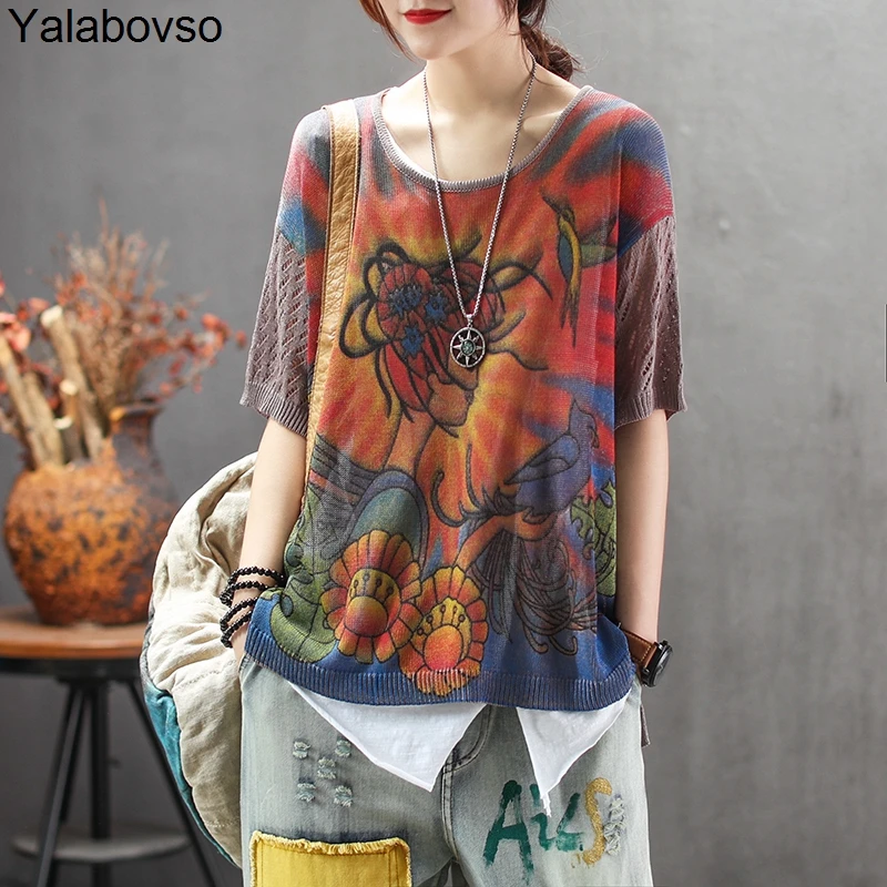 2019 الصيف خمر رقيقة محبوك القطن و الكتان قصيرة الأكمام تيز مع الرجعية الكرتون الطباعة س الرقبة تي شيرت ل امرأة Z0BZ30