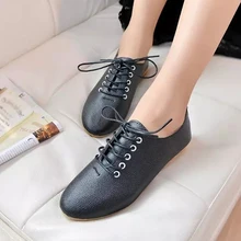 Clásico Muchacha de Las Mujeres Ata Para Arriba de Imitación de Cuero Plana Punta Redonda Casual Zapatos Para Caminar