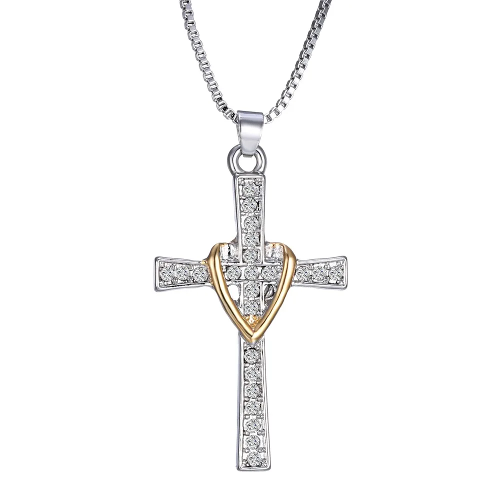 

Rhinestone Jewelry Cross Pendant Necklace Heart Fashion Christian Jewelry Ronmantic Gift