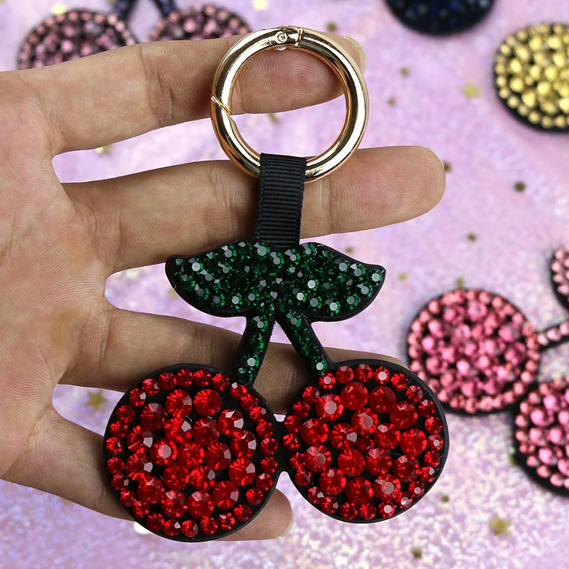 

Handmade Leather Faux Velvet Diamond Rhinestone Cherry Car Keyring Pendant Buckle Bag Hanging Ornaments Ladies Gift Keychain