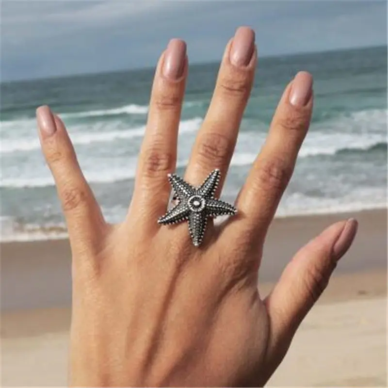 

Vintage Antique Silver Starfish Ring for Women Girl Cute Geometric Knuckle Ring Bohemian Jewelry G