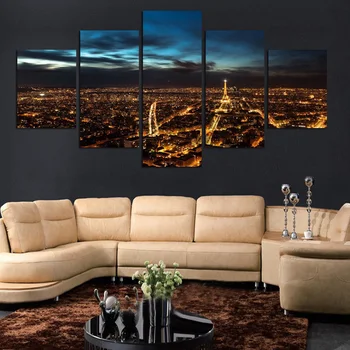 

Modern Painting Frame Art Poster Wall Modular Picture 5 Panel Paris At Night Home Decoration Print On Canvas For Living Room