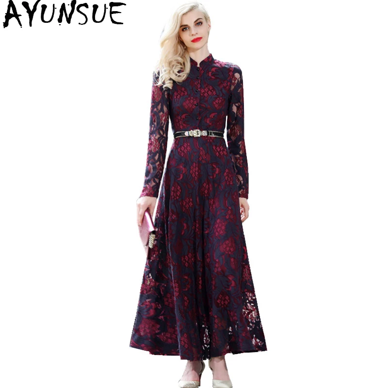 AYUNSUE 2019 Vintage vrouwen Jurken Winter Thicken Lange Kanten Jurk Vrouwelijke Plus Size Vrouwen Kleding 4XL Maxi Jurk gewaad SS5698