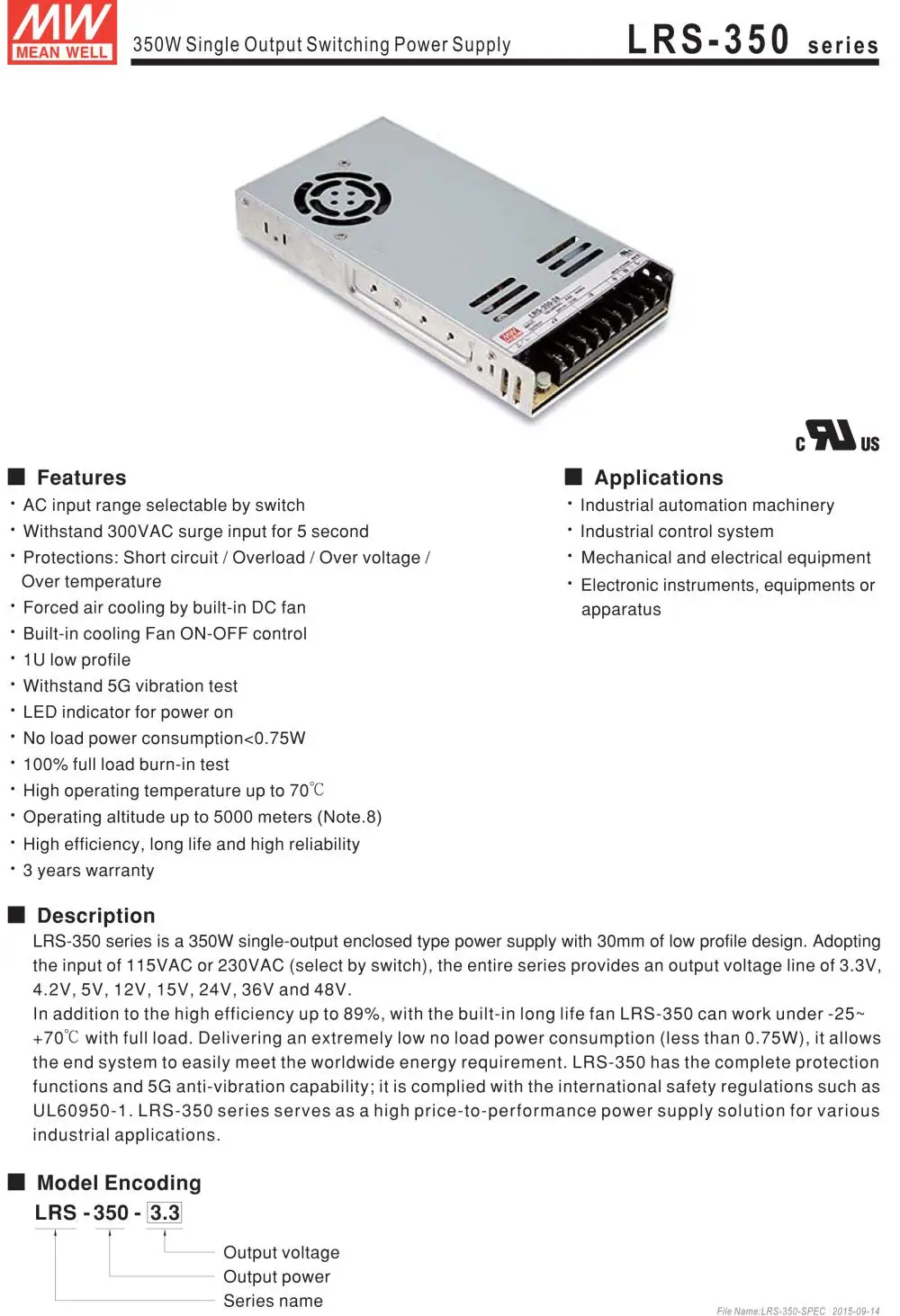 MEAN WELL импульсный источник питания LRS-350-48 350 Вт 48 В 7.3A Выход Meanwell Переключатель режим питания 48 В SMPS ac в dc