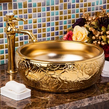 

Luxurious Gold Europe Vintage Style Ceramic Washing Basin Counter top Bathroom Sink color glazed round ceramic art basin