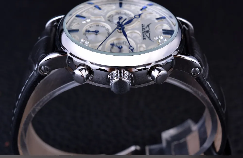 Jaragar Брендовые мужские автоматические механические часы с автоматическим заводом, белые 3 циферблата, календарь, синие стрелки, простые деловые наручные часы с кожаным ремешком