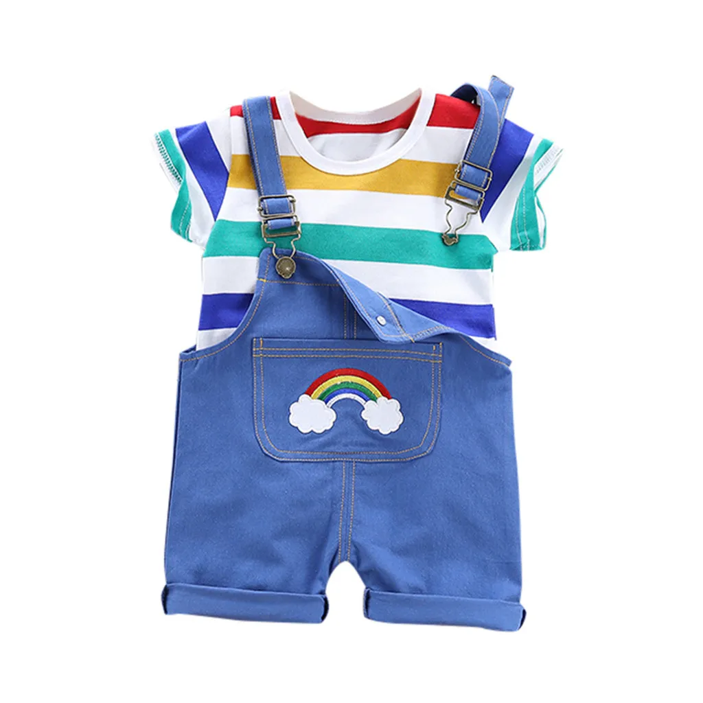 

SAGACE Children's Sets kid clothes swimsuit kids Children's Clothing summer sets Boy clothes girl Rainbow Stripe Outfits 19May6