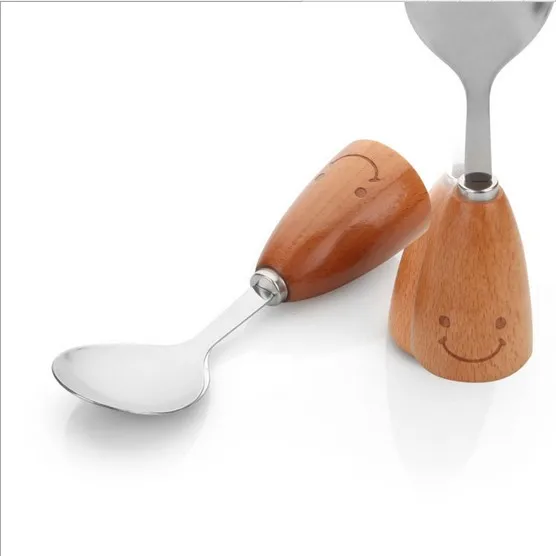 1PC Cute Tea Spoon Smile Face Pattern Wood Handle Spoons For Coffee Soup Kitchen Tableware Utensils KX 225
