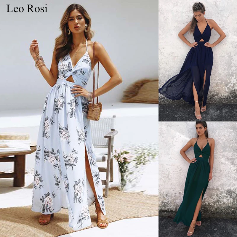 

Leo Rosi Sexy Floral Print Women Summer Sleeveless V-Neck Backless Vintage Long Boho Party Cocktail Casual Loose Beach Dresses