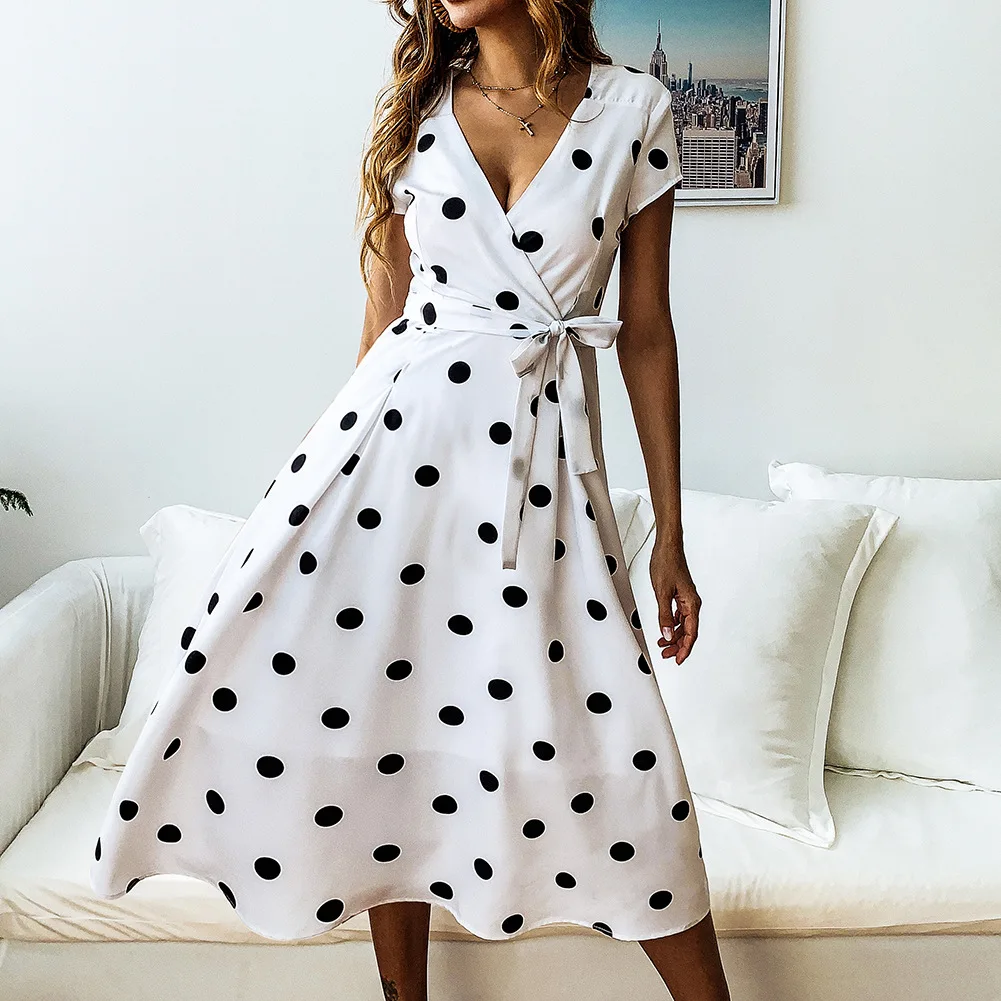 

2019 Women Summer V-collar Dot Printed Point Dresses Elegant Sashes White Lace Up Party Dress Holiday Short Sleeve Sundress