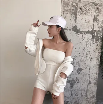 

2019 Women 2PC Skinny Hip Pop Jumpsuits Two Piece Overalls and Shirts Sets Outfits Slash Neck Strapless Sexy Playsuits Bodysuits