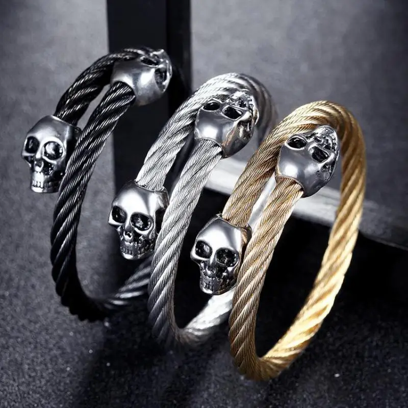 Wire Rope Bracelets Titanium Skull Bracelet With Double Skeleton Head