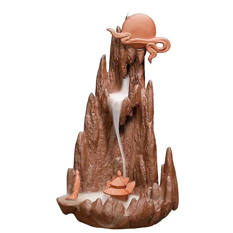 

Traditional Purple Sand Ceramic Craft Smoke Waterfall Incense Burner Mountain Shape Incense Holder Office Home Teahouse Decor