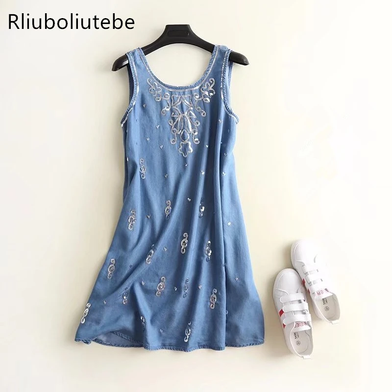 

summer sleeveless denim dress with sequin women o-neck light blue denim Jeans short sundress cute Loose beach dress