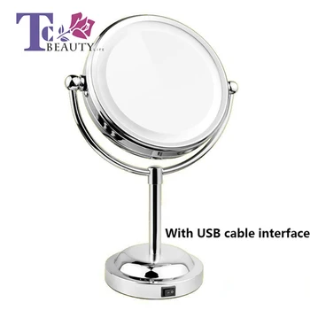 

Makeup Mirro With LED Light 6 Inch Professional Silver Round Double Side Desktop Revolving 1:3 Magnifying Function USB Charging
