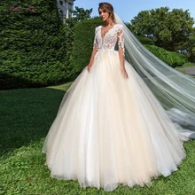 Julia Kui длинный рукав аппликации свадебное платье бальное платье с симметричным украшением кружева v-образным вырезом