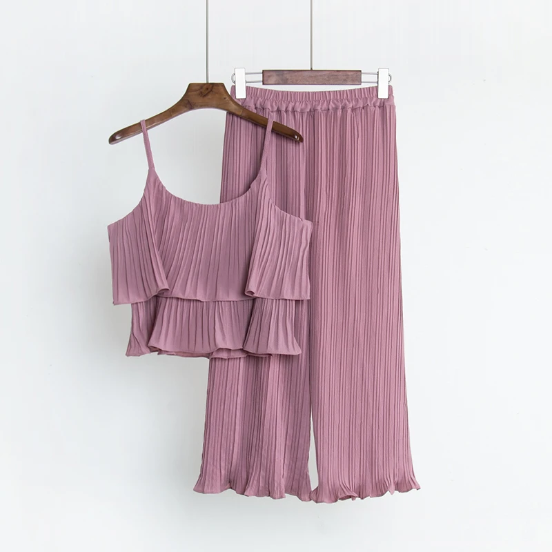 

Summer Women's Suit Sweet Lotus Leaf Side Solid Color Vest Small Sling High Waist Wide Leg Pleated Cropped Trousers Suit Women