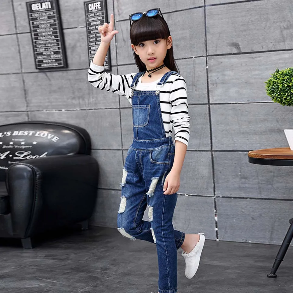 

Girl Denim Clothing Set Long Sleeve Stripe T-shirt and Jeans Hole Overalls Big Girls Clothes Tracksuit Kids Children Suit 4-14Y