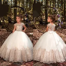 Пышное Бальное Платье принцессы платья для девочек в цветочек свадьбы кепки рукавом Шампанское кружево первого причастия детей индивидуальный заказ