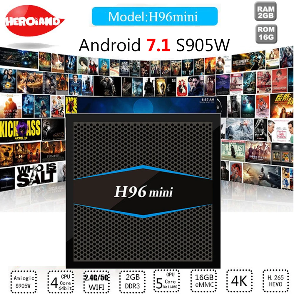 Smart ТВ коробка H96 Мини Android 7 1 2 ГБ и 16 Amlogic S905W 4 ядра Поддержка H.265 UHD К ГГц Wi Fi H96mini HD 1080
