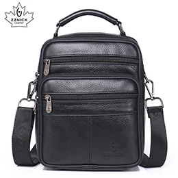 men genuine leather shoulder bag handbag Zipper Men Bags leather Fashion handbag Genuine Leather ZZNICK - Цвет: black 28101