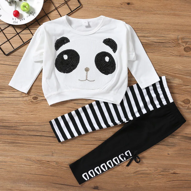 

Baby Girls Cute Panda Clothes Set Sequins Tops + Bow Striped Pants Children Kids Cotton Clothing roupas menina Cartoon Outfits