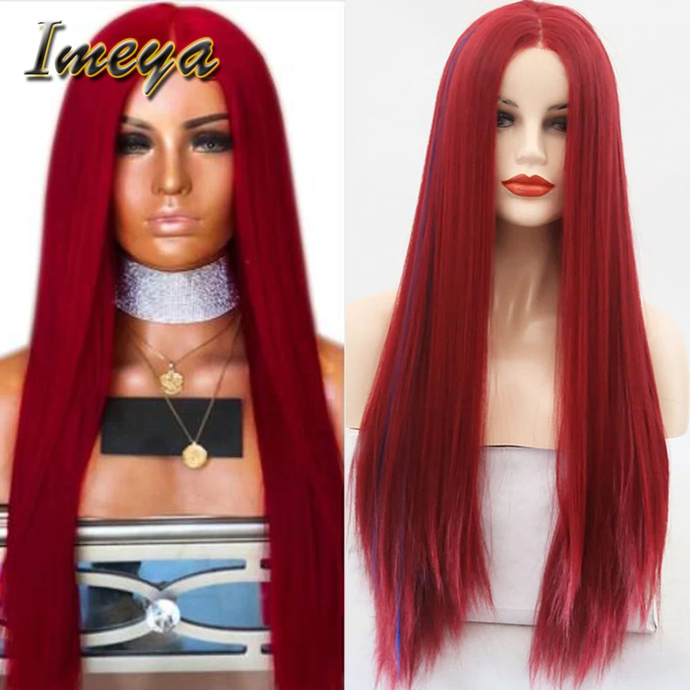 Imeya красный шелковистые прямые волосы химическое Синтетические волосы на кружеве парики для Для женщин с натуральных волос бесклеевой