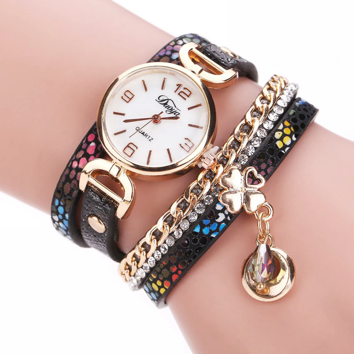 Women's Crystal Rhinestone Leopard Leather Chain Wrap Bracelet Wrist Watch