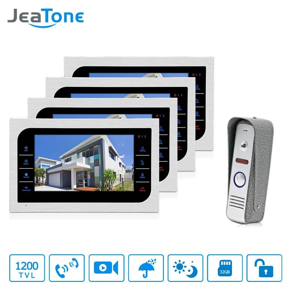 

JeaTone Video Doorphone Intercom Doorbell Camera system Touch Button Indoor Monitor 7" Home Security Door Access Waterproof 4v1