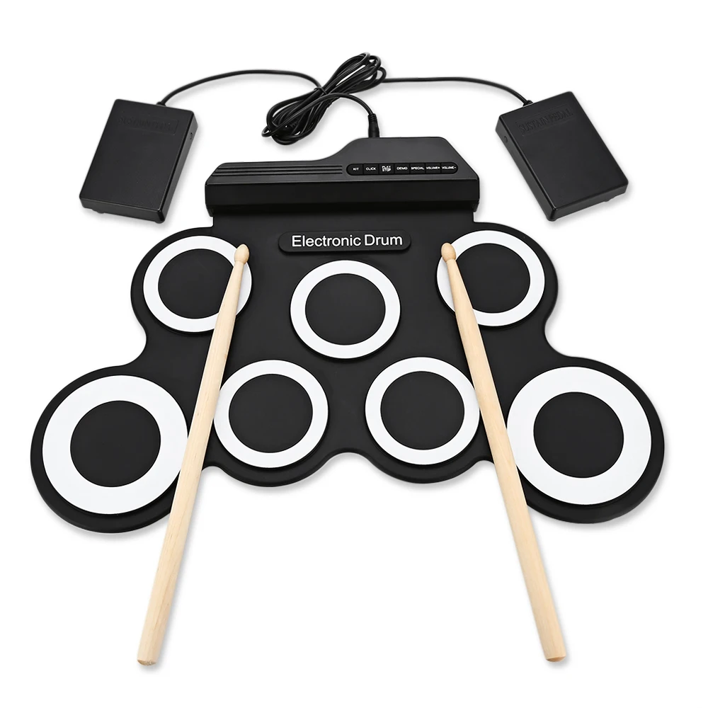 

Portable 7 Pad Roll Up Digital Drum Kit With Built-In Metronome Electronic Drum Set Kit USB Powered With Drumsticks Foot Pedals