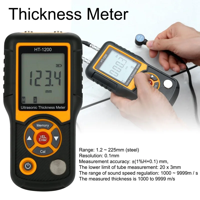 

HLZS-Hti HT-1200 Digital LCD Ultrasonic Thickness Meter Tester Gauge Measuring Tool Range1.2~225mm