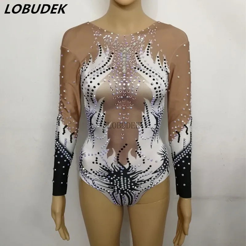 Sparkly Crystals Printing Long Sleeve Bodysuit Sexy Nightclub DJ Women Singer Dance Costume Gymnastic Match Performance | Женская одежда