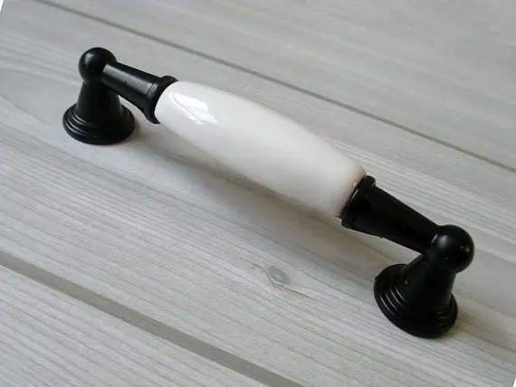 

3.75" Dresser / Drawer Pull Handles Knobs / Kitchen Cabinet Door Handle Pulls Black White Ceramic Porcelain Hardware 96 mm