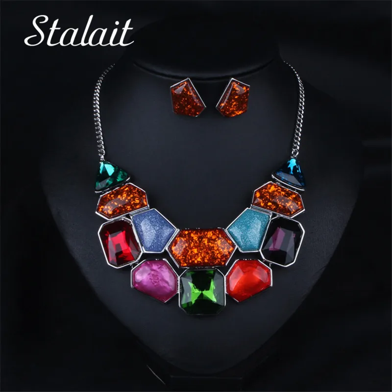 

Simple Shaped Stone Pendant Short Necklace Jewelry Sets Colorful Stone Party Necklace Earring Jewelry Sets