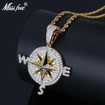 

MISSFOX Hip Hop Personalized Compass One Direction Pendant Necklace 24K Gold Plated AAA Cubic Zirconia Long Round Punk Nacklace