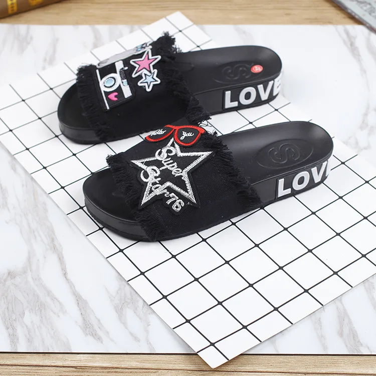 2019 Summer New Embroidery Womens Black Open Toe Slippers Tassel Denim Discount Womens Casual Shoes46