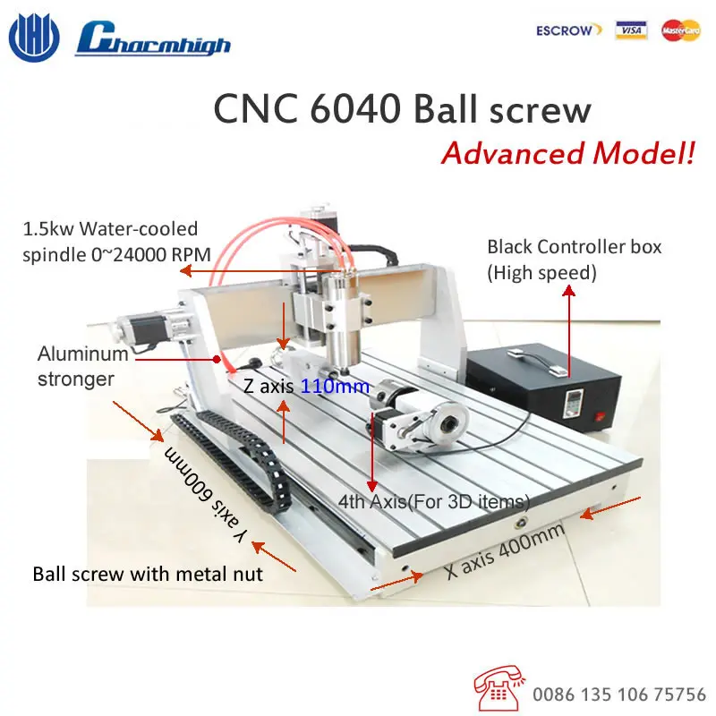 

High Speed Adavanced CNC6040 1.5kw spindle 2.2kw VFD + 4th Axis+ Tailstock Rotary Axis 3D engraving Z Axis 100mm 110v 220v
