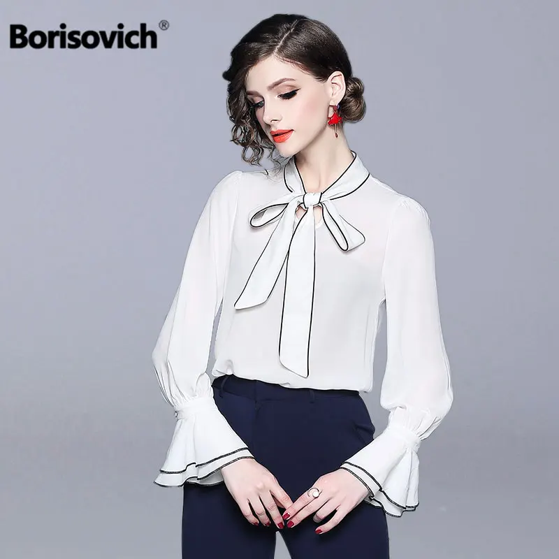 

Borisovich Office Lady Elegant White Shirt New Brand 2019 Spring Fashion Flare Sleeve Women Casual Chiffon Blouses Shirts N472