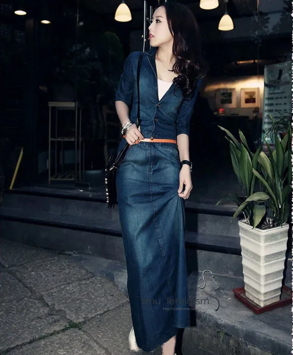 2014 New High Quality Long Slim Summer Denim Dress Women'S Fashion Plus