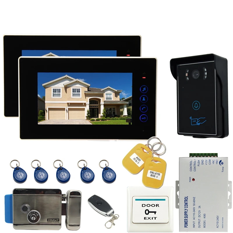 JEX wired 7 inch LCD video doorbell door phone intercom system kit RFID waterproof Touch Key camera +Electronic control lock 1V2