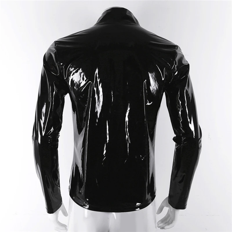 YiZYiF Men Shiny Metallic Front-Zip Stand Collar Tops Wet Look Sexy Patent Leather Nightclub Style Long Sleeve Tops For Men motorcycle leather jackets