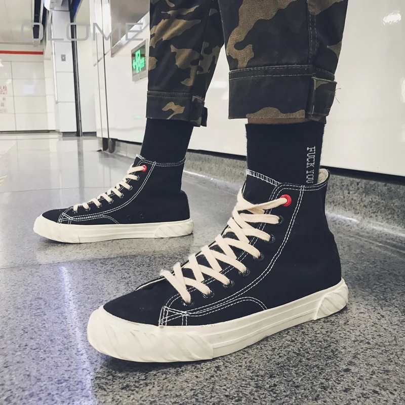 

OLOME New Fashion White canvas shoes high to help Korean version of the trend of wild casual men's shoes