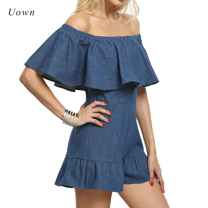 

2018 Summer Off the Shoulder Jumpsuit Ruffle Denim Playsuit Women Flare Wide Leg Short Romper Sexy Beach Overalls Jeans Outfits