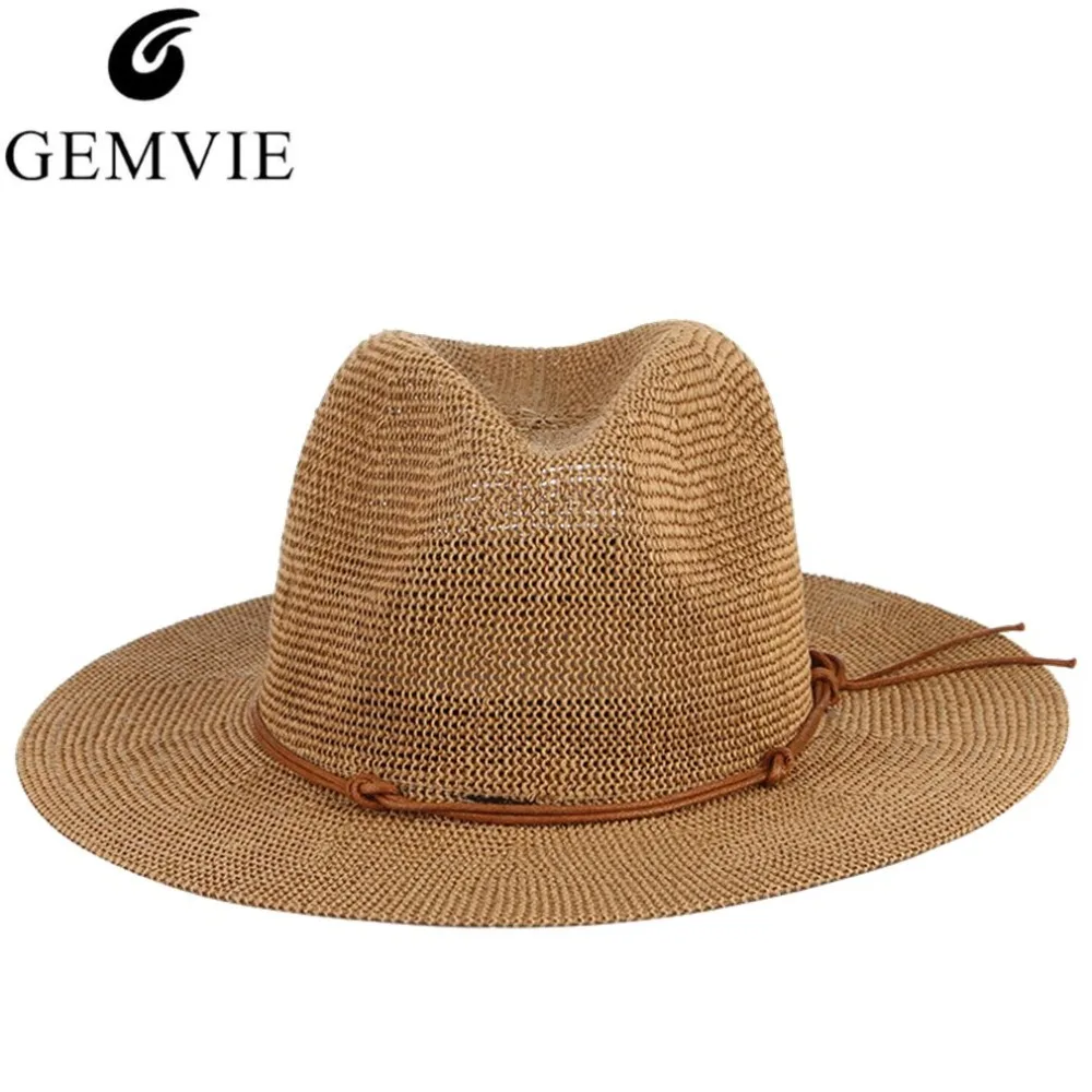 Breathable Hollow Out Big Large Brim Men Straw Hats Beach Sun Hat