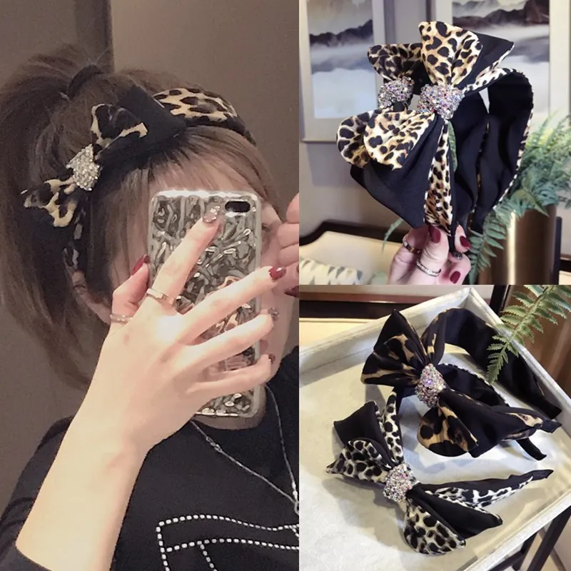 

Leopard Double-layer Bow With Rhinestones Super Flash Hairbands Solid Hair Accessories Hairband Crown Headbands For Girls